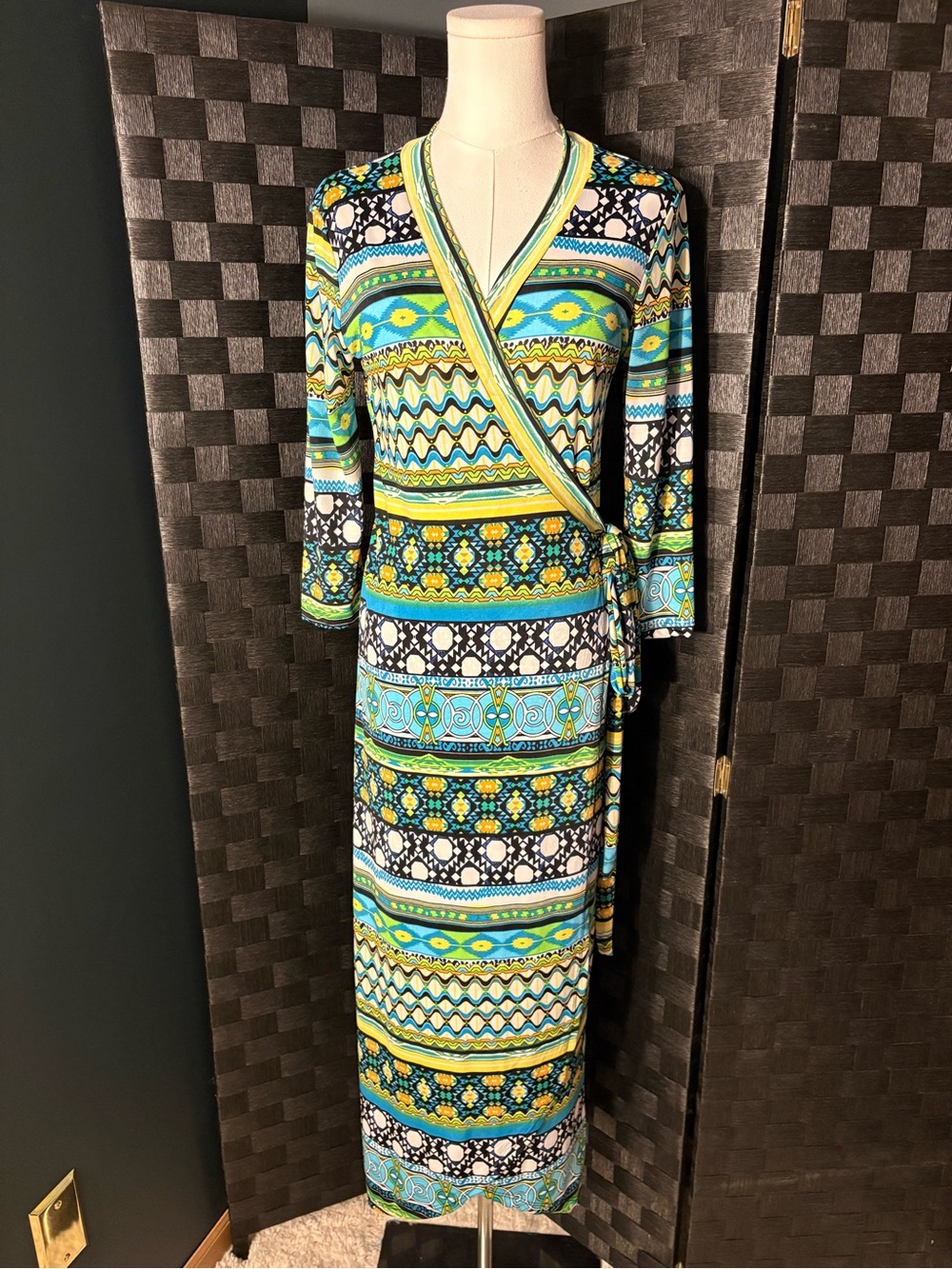 VTG Pretty Young Thing Aztec Boho Wrap Long Sleeve Maxi Dress Teal & Yellow